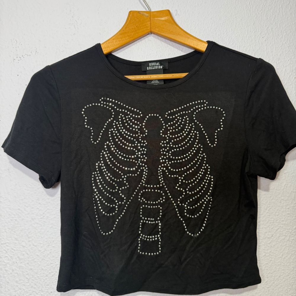 Social Collision Tee Black Rhinestone Skeleton Rib Cage Crop Top Small Goth Emo